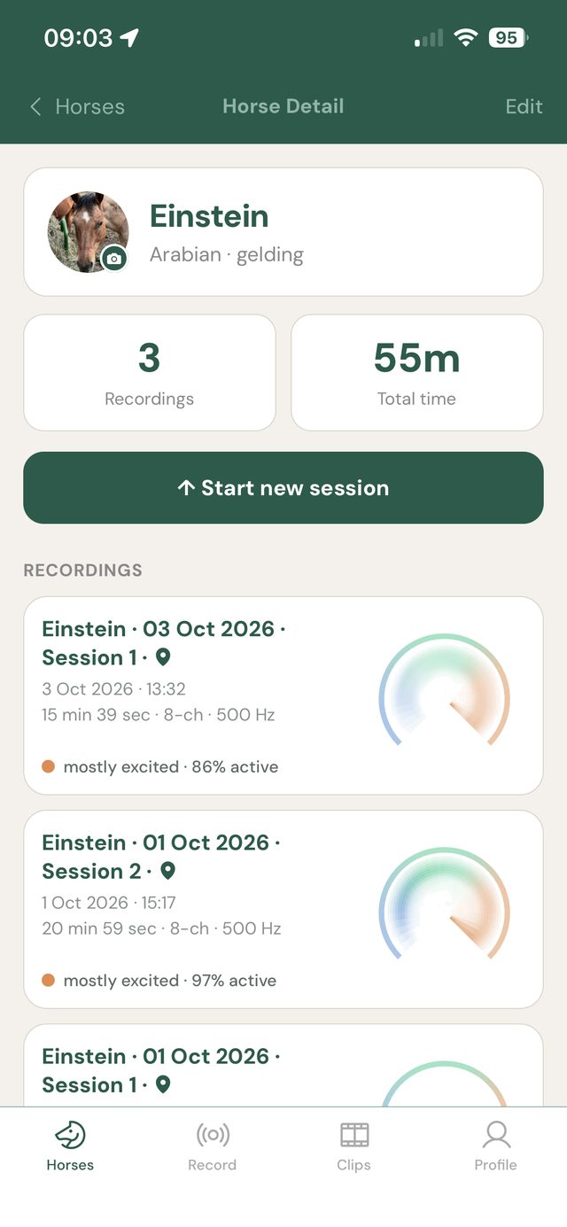 App screen: a horse profile with its recordings